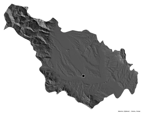 コソボ地区のアコビカの形で 首都は白い背景に孤立している 標高マップ 3Dレンダリング — ストック写真