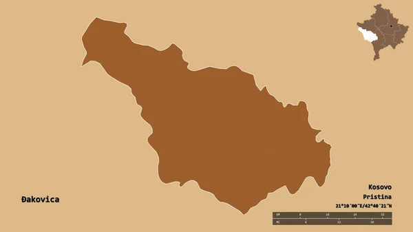 Shape Akovica District Kosovo Its Capital Isolated Solid Background Distance — Stock Photo, Image