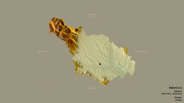 コソボの地区であるアコビカ地区は 洗練された境界線の箱の中にしっかりとした背景に隔離されています ラベル 地形図 3Dレンダリング — ストック写真