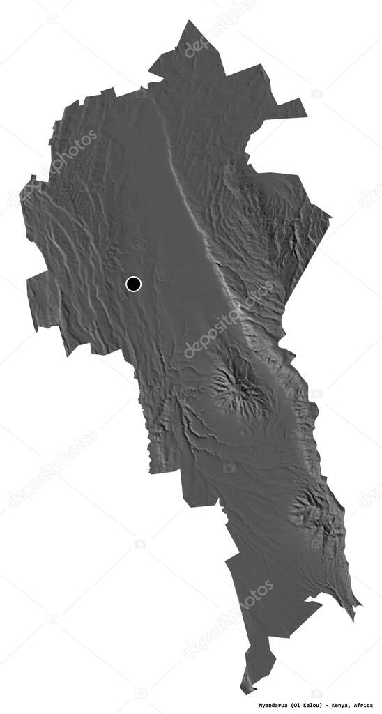 Shape of Nyandarua, county of Kenya, with its capital isolated on white background. Bilevel elevation map. 3D rendering