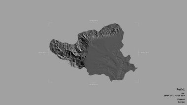 Kosova 'nın Pecki ilçesi bölgesi, jeoreferatlı bir sınır kutusunda sağlam bir zemin üzerinde izole edilmiş durumda. Etiketler. Çift seviyeli yükseklik haritası. 3B görüntüleme