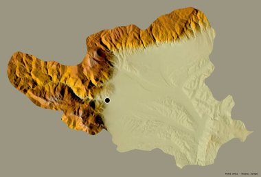 Kosova 'nın Pecki ilçesi, başkenti sağlam bir renk zeminine sahip. Topografik yardım haritası. 3B görüntüleme
