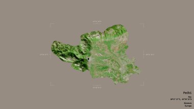 Kosova 'nın Pecki ilçesi bölgesi, jeoreferatlı bir sınır kutusunda sağlam bir zemin üzerinde izole edilmiş durumda. Etiketler. Uydu görüntüleri. 3B görüntüleme