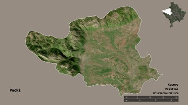 Kosova 'nın Pecki ilçesi, başkenti sağlam bir zemin üzerinde izole edilmiş durumda. Uzaklık ölçeği, bölge önizlemesi ve etiketleri. Uydu görüntüleri. 3B görüntüleme