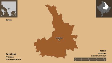 Priştine 'nin şekli, Kosova bölgesi ve başkenti. Uzaklık ölçeği, ön gösterimler ve etiketler. Desenli dokuların bileşimi. 3B görüntüleme