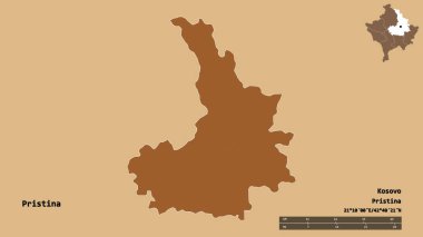 Priştine 'nin şekli, Kosova bölgesi, sermayesi sağlam bir zemin üzerinde izole edilmiş. Uzaklık ölçeği, bölge önizlemesi ve etiketleri. Desenli dokuların bileşimi. 3B görüntüleme