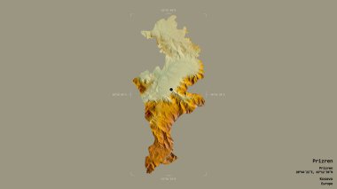 Kosova 'nın Prizren bölgesindeki bölge, jeoreferatlı bir sınır kutusunun sağlam bir arka planında izole edilmiş. Etiketler. Topografik yardım haritası. 3B görüntüleme