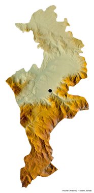 Kosova 'nın Prizren semti, başkenti beyaz arka planda izole edilmiş durumda. Topografik yardım haritası. 3B görüntüleme