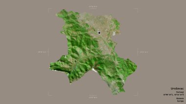 Kosova 'nın Urosevac ilçesi, jeoreferatlı bir sınır kutusunun sağlam bir arka planında izole edilmiş durumda. Etiketler. Uydu görüntüleri. 3B görüntüleme