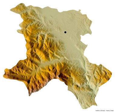 Kosova 'nın Urosevac ilçesi, başkenti beyaz arka planda izole edilmiş. Topografik yardım haritası. 3B görüntüleme