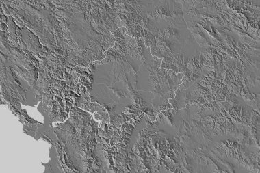 Kosova 'nın ülke sınırları, uluslararası ve bölgesel sınırları olan geniş bir bölgesi. Çift seviyeli yükseklik haritası. 3B görüntüleme