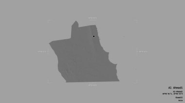 Al Ahmadi bölgesi, Kuveyt vilayeti, jeoreferatlı bir sınır kutusunda sağlam bir arka planda izole edilmiş. Etiketler. Çift seviyeli yükseklik haritası. 3B görüntüleme