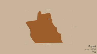 Al Ahmadi bölgesi, Kuveyt vilayeti, jeoreferatlı bir sınır kutusunda sağlam bir arka planda izole edilmiş. Etiketler. Desenli dokuların bileşimi. 3B görüntüleme