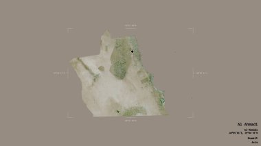 Al Ahmadi bölgesi, Kuveyt vilayeti, jeoreferatlı bir sınır kutusunda sağlam bir arka planda izole edilmiş. Etiketler. Uydu görüntüleri. 3B görüntüleme