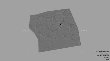 Al Farwaniyah bölgesi, Kuveyt vilayeti, jeoreferatlı bir sınır kutusunda sağlam bir arka planda izole edilmiş. Etiketler. Çift seviyeli yükseklik haritası. 3B görüntüleme