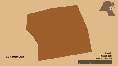 Kuveyt eyaleti Al Farwaniyah 'ın sureti, başkenti sağlam bir arka planda izole edilmiştir. Uzaklık ölçeği, bölge önizlemesi ve etiketleri. Desenli dokuların bileşimi. 3B görüntüleme
