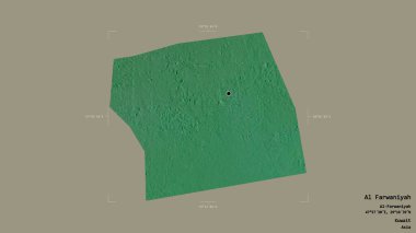 Al Farwaniyah bölgesi, Kuveyt vilayeti, jeoreferatlı bir sınır kutusunda sağlam bir arka planda izole edilmiş. Etiketler. Topografik yardım haritası. 3B görüntüleme