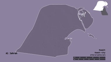 Kuveyt 'in başkenti Al Jahrah' ın katı arka planda izole edilmiş hali. Uzaklık ölçeği, bölge önizlemesi ve etiketleri. Renkli yükseklik haritası. 3B görüntüleme
