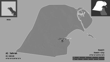 Al Jahrah 'ın şekli, Kuveyt vilayeti ve başkenti. Uzaklık ölçeği, ön gösterimler ve etiketler. Çift seviyeli yükseklik haritası. 3B görüntüleme