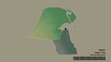 Başkenti, ana bölgesel bölümü ve ayrı Al Jahrah bölgesiyle Kuveyt 'in dejenere edilmiş şekli. Etiketler. Topografik yardım haritası. 3B görüntüleme