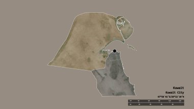 Başkenti, ana bölgesel bölümü ve ayrı Al Jahrah bölgesiyle Kuveyt 'in dejenere edilmiş şekli. Etiketler. Uydu görüntüleri. 3B görüntüleme