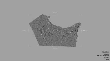 Kuveyt 'in Hawalli bölgesi, katı bir arka planda izole edilmiş bir sınır kutusunda. Etiketler. Çift seviyeli yükseklik haritası. 3B görüntüleme