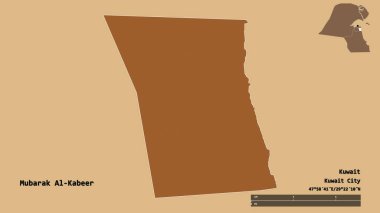Mübarek Al-Kabir 'in şekli, Kuveyt eyaleti, başkenti sağlam arka planda izole edilmiş. Uzaklık ölçeği, bölge önizlemesi ve etiketleri. Desenli dokuların bileşimi. 3B görüntüleme