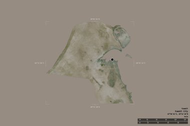 Kuveyt bölgesi katı bir arka planda izole edilmiş jeoreferatlı bir sınır kutusunda. Ana bölgesel bölüm, mesafe ölçeği, etiketler. Uydu görüntüleri. 3B görüntüleme