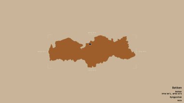 Kırgızistan 'ın Batken bölgesi, katı bir arka planda izole edilmiş bir sınır kutusunda. Etiketler. Desenli dokuların bileşimi. 3B görüntüleme