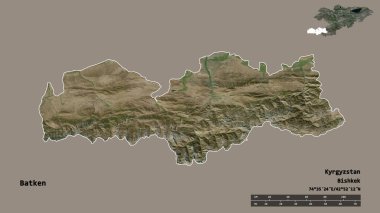 Kırgızistan 'ın Batken ili, başkenti katı bir zemin üzerinde izole edilmiştir. Uzaklık ölçeği, bölge önizlemesi ve etiketleri. Uydu görüntüleri. 3B görüntüleme