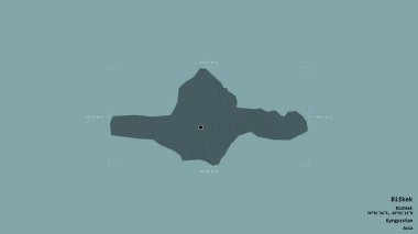 Biskek bölgesi, Kırgızistan şehri, katı bir arka planda izole edilmiş bir sınır kutusunda. Etiketler. Renkli yükseklik haritası. 3B görüntüleme
