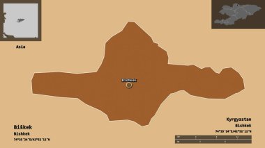 Biskek 'in şekli, Kırgızistan şehri ve başkenti. Uzaklık ölçeği, ön gösterimler ve etiketler. Desenli dokuların bileşimi. 3B görüntüleme