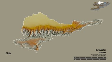 Kırgızistan 'ın Chuy şehrinin başkenti katı bir zemin üzerinde izole edilmiştir. Uzaklık ölçeği, bölge önizlemesi ve etiketleri. Topografik yardım haritası. 3B görüntüleme