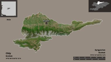 Chuy 'un şekli, Kırgızistan ili ve başkenti. Uzaklık ölçeği, ön gösterimler ve etiketler. Uydu görüntüleri. 3B görüntüleme