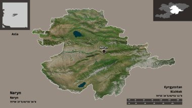 Naryn 'in şekli, Kırgızistan ili ve başkenti. Uzaklık ölçeği, ön gösterimler ve etiketler. Uydu görüntüleri. 3B görüntüleme