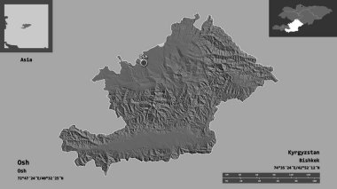 Kırgızistan ili ve başkenti Osh 'un şeklidir. Uzaklık ölçeği, ön gösterimler ve etiketler. Çift seviyeli yükseklik haritası. 3B görüntüleme