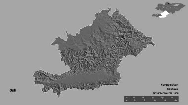 Kırgızistan eyaleti Osh 'un şekli, başkenti sağlam bir zemin üzerinde izole edilmiş. Uzaklık ölçeği, bölge önizlemesi ve etiketleri. Çift seviyeli yükseklik haritası. 3B görüntüleme
