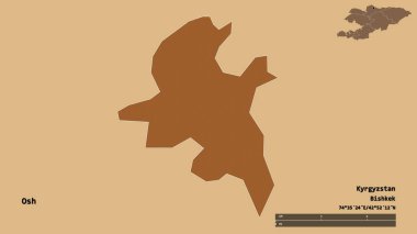 Kırgızistan 'daki Osh şehrinin başkenti sağlam bir zemin üzerinde izole edilmiştir. Uzaklık ölçeği, bölge önizlemesi ve etiketleri. Desenli dokuların bileşimi. 3B görüntüleme