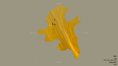 Osh bölgesi, Kırgızistan şehri, jeoreferatlı bir sınır kutusunda sağlam bir arka planda izole edilmiş. Etiketler. Topografik yardım haritası. 3B görüntüleme