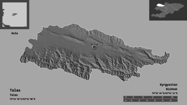 Talas 'ın şekli, Kırgızistan ili ve başkenti. Uzaklık ölçeği, ön gösterimler ve etiketler. Çift seviyeli yükseklik haritası. 3B görüntüleme