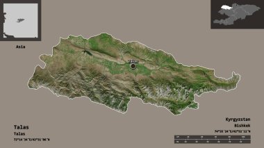 Talas 'ın şekli, Kırgızistan ili ve başkenti. Uzaklık ölçeği, ön gösterimler ve etiketler. Uydu görüntüleri. 3B görüntüleme