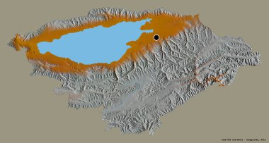 Kırgızistan 'ın Kırgızistan eyaleti Ysyk-Kol' un şekli, başkenti katı bir renk arkaplanı ile izole edilmiştir. Topografik yardım haritası. 3B görüntüleme
