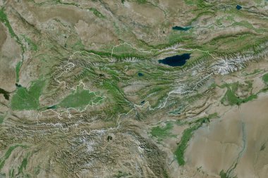 Kırgızistan 'ın ülke sınırları, uluslararası ve bölgesel sınırları olan geniş bir bölgesi. Uydu görüntüleri. 3B görüntüleme