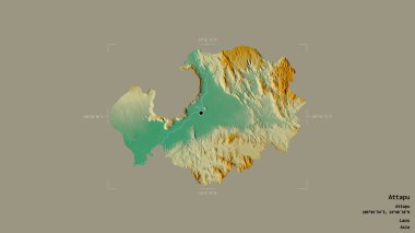 Attapu bölgesi, Laos vilayeti, jeoreferatlı bir sınır kutusunda sağlam bir arka planda izole edilmiş. Etiketler. Topografik yardım haritası. 3B görüntüleme