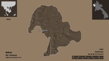 Bokeo 'nun şekli, Laos vilayeti ve başkenti. Uzaklık ölçeği, ön gösterimler ve etiketler. Renkli yükseklik haritası. 3B görüntüleme