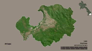 Başkenti sağlam arka planda izole edilmiş olan Attapu, Laos vilayeti. Uzaklık ölçeği, bölge önizlemesi ve etiketleri. Uydu görüntüleri. 3B görüntüleme