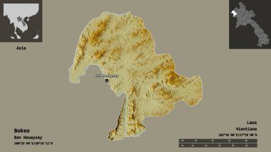 Bokeo 'nun şekli, Laos vilayeti ve başkenti. Uzaklık ölçeği, ön gösterimler ve etiketler. Topografik yardım haritası. 3B görüntüleme