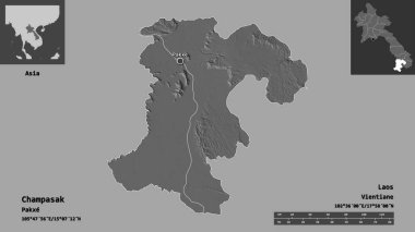 Champasak 'ın şekli, Laos vilayeti ve başkenti. Uzaklık ölçeği, ön gösterimler ve etiketler. Çift seviyeli yükseklik haritası. 3B görüntüleme