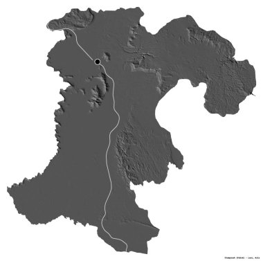 Beyaz arka planda başkenti izole edilmiş Champasak, Laos vilayeti. Çift seviyeli yükseklik haritası. 3B görüntüleme