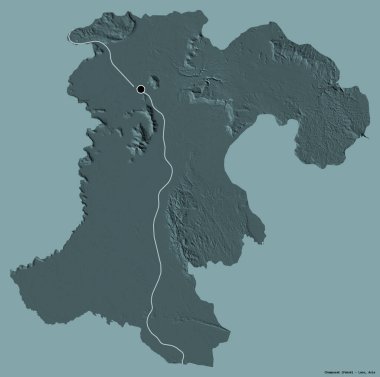 Champasak, Laos ili, başkenti katı renk arkaplanı ile izole edilmiştir. Renkli yükseklik haritası. 3B görüntüleme